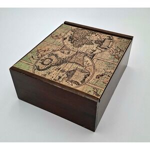 Vintage Wood World Map Keepsake Box Red Lining Jewelry Trinket Chest 8.5x7x3.5